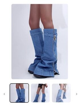 Denim Slouchy Knee-High Zip Boots - Light Blue